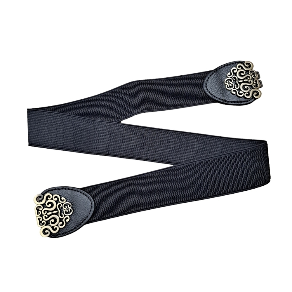 Black gold floral buckle faux leather corset boho stretch waist statement belt - Picture 7 of 12